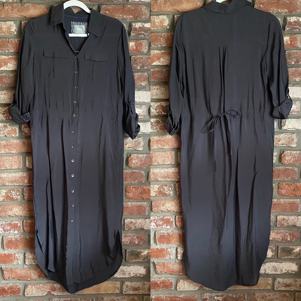 Maeve Anthropologie Collared Shirt Dress Tie Waist Button Up Neutral Minimalist